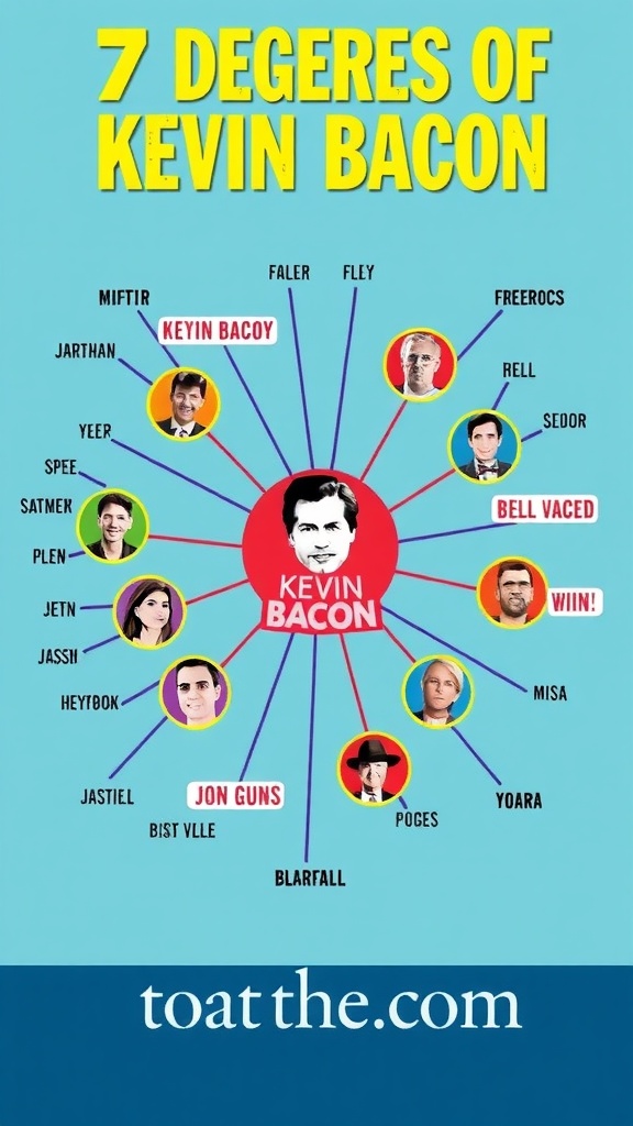 Illustration of the 7 Degrees of Kevin Bacon game showing a web of actor connections with Kevin Bacon at the center.